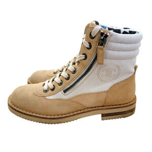 Chanel 2015 CC Logo Combat Boots Beige Suede Canvas Lace Up IT 38